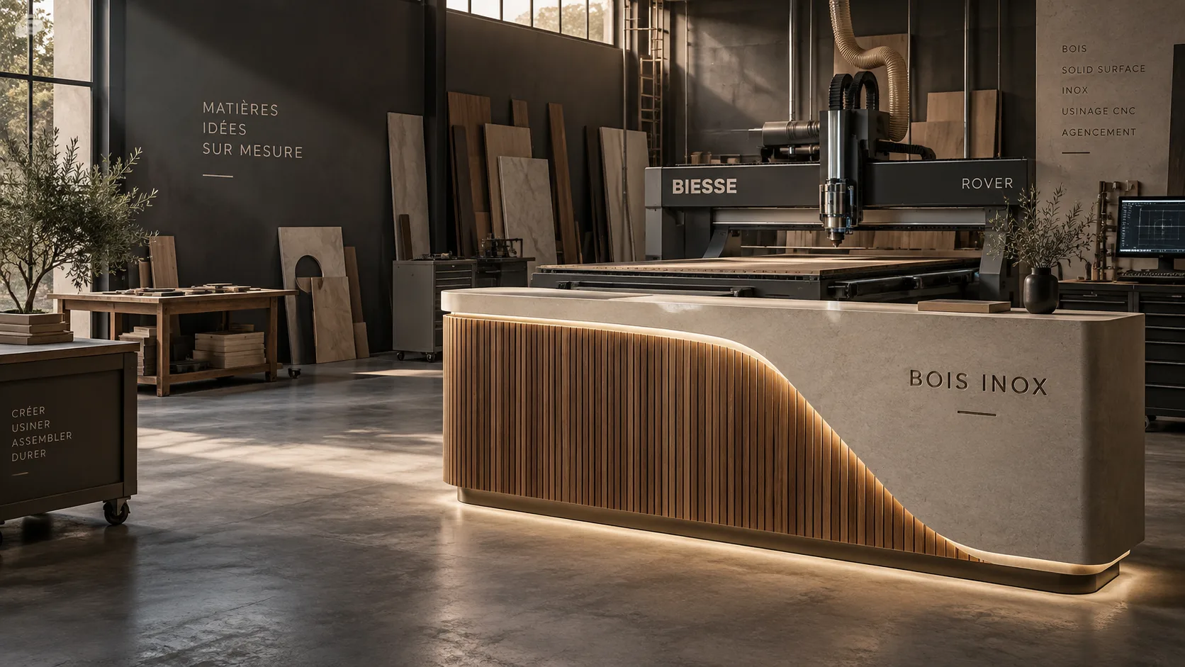 Atelier Bois Inox : comptoir sur mesure en bois rainuré et matière minérale devant un centre d'usinage CNC